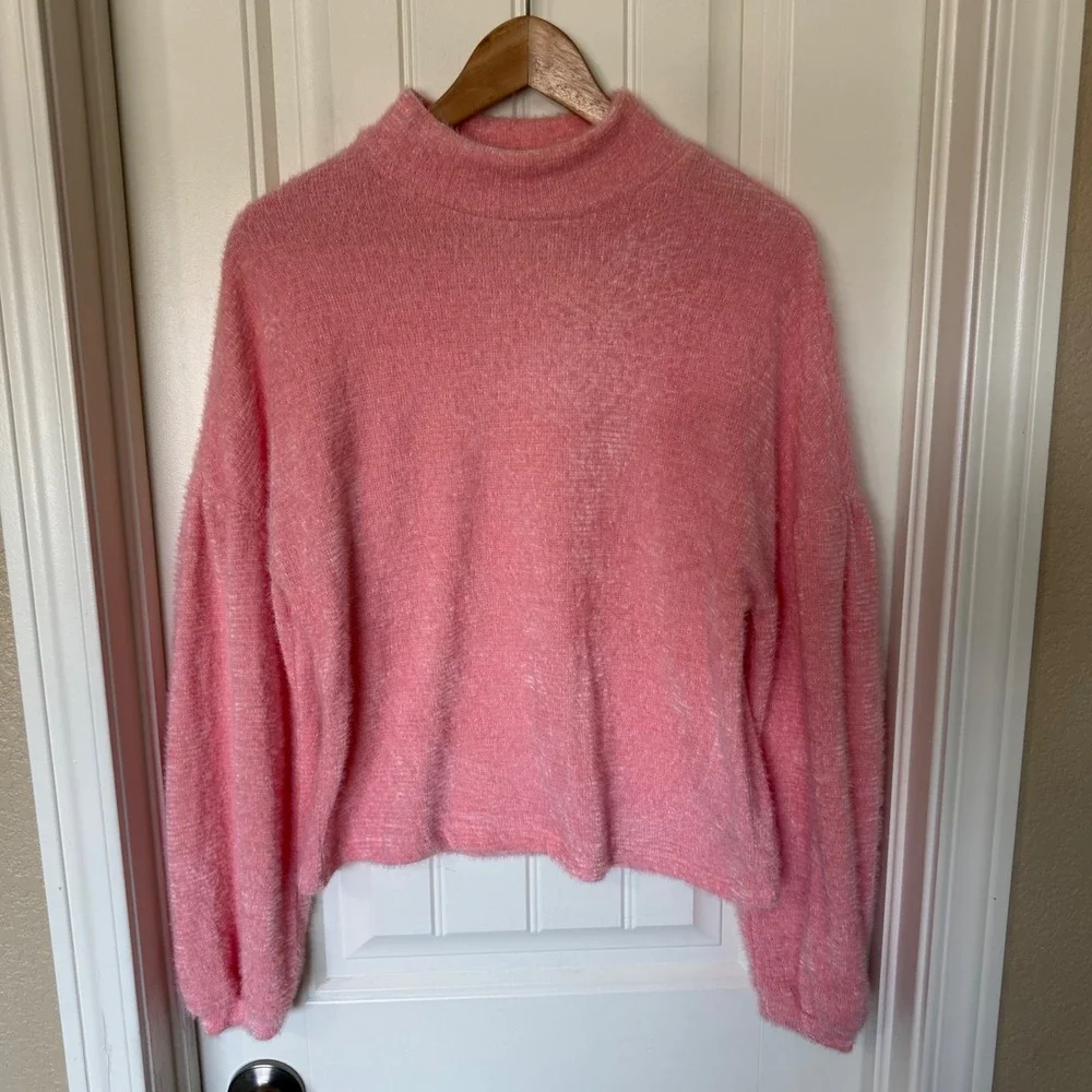 Sanctuary‎ Sweater Womens XS Pink Excellent Eyelash Knit Mock Neck Puff Sleeve